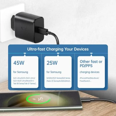 Kućni punjač PD Fast charger 45W redizajn za Samsung sa PD Type C kablom CE crni