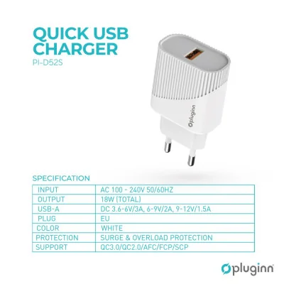 Kućni punjač Pluginn PI-D52S, QC3.0 18W sa micro USB kablom beli CE