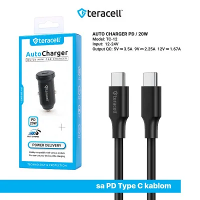 Auto punjač Teracell Evolution TC-12 PD 20W crni sa PD Type C kablom crni