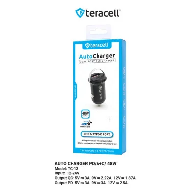 Auto punjač Teracell Evolution TC-13 PD 30W USB QC3.0 18W, 48W (total) crni