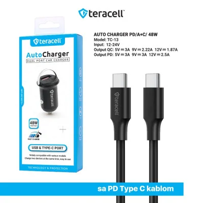 Auto punjač Teracell Evolution TC-13 PD 30W USB QC3.0 18W, 48W (total) sa PD Type C kablom