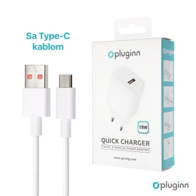 Kućni Punjač Pluginn AJ-18 QC3.0 18W sa Type C kablom beli CE