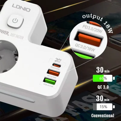 Produžni kabl LDNIO 2500W EU 2 utičnice 2xUSB QC3.0 18W, PD 20W beli