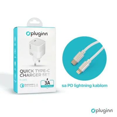 Kućni punjač Pluginn 20W sa PD iPhone lightning kablom BELI