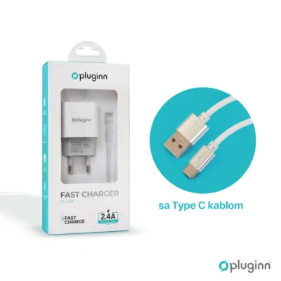 Kucni punjač Pluginn PI-D48, 5V, 2.4A, 12W sa Type C kablom beli