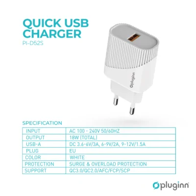 Kucni punjač Pluginn PI-D52S, QC3.0 18W sa Type C kablom beli