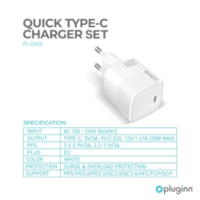 Kućni punjač Pluginn PI-D61S, PD3.0, PPS, 20W sa PD Type C kablom beli