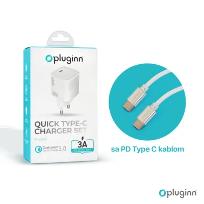 Kućni punjač Pluginn PI-D61S, PD3.0, PPS, 20W sa PD Type C kablom beli