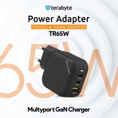 PUNJAČ TERABYTE TR65W, GaN, PPS, PD 3.0, QC 3.0, 65W sa PD Type c kablom crni
