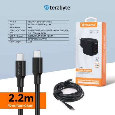 PUNJAČ TERABYTE TR65W, GaN, PPS, PD 3.0, QC 3.0, 65W sa PD Type c kablom crni